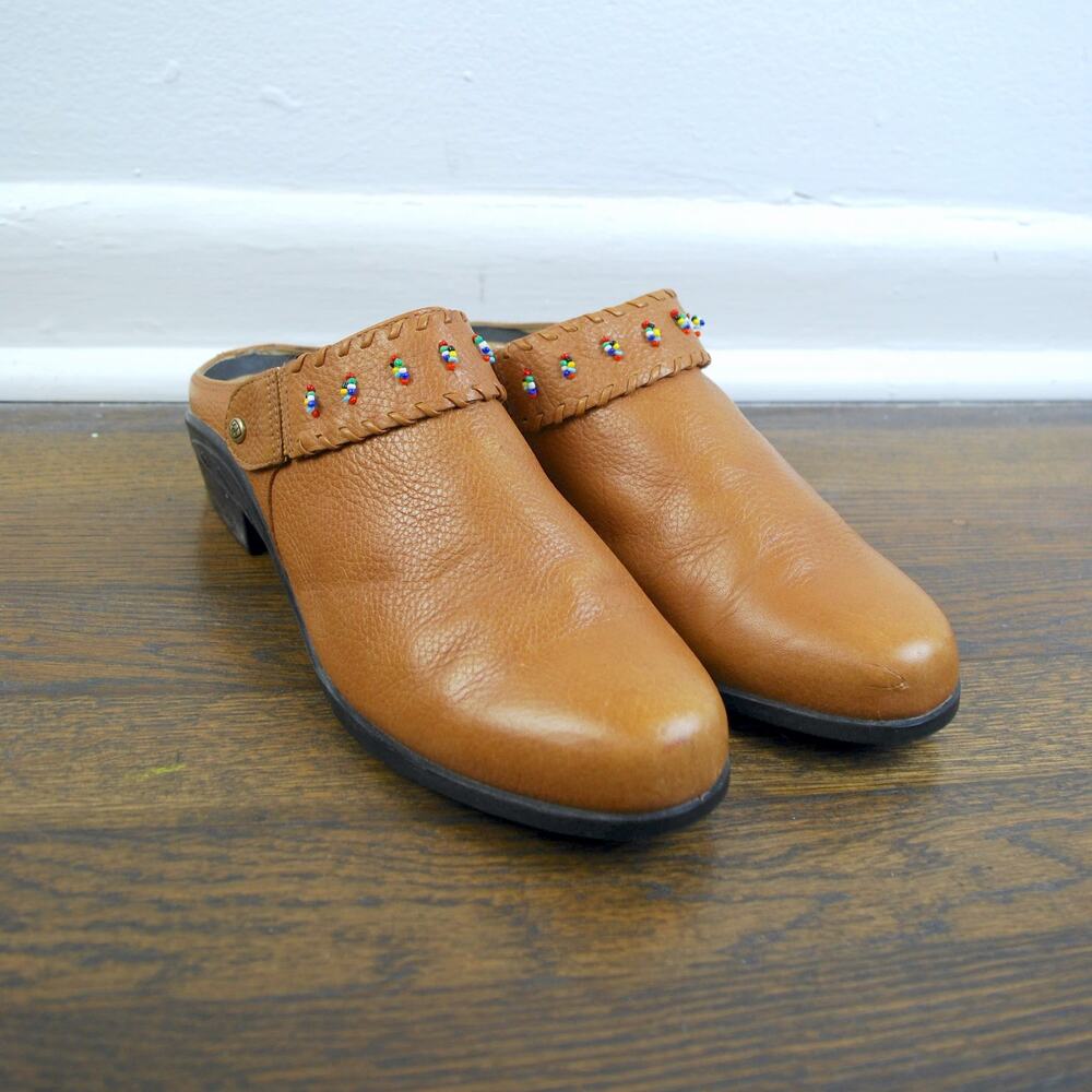 Ariat Brown Leather Beaded Closed Toe Slip On Sling Back Clogs Mules